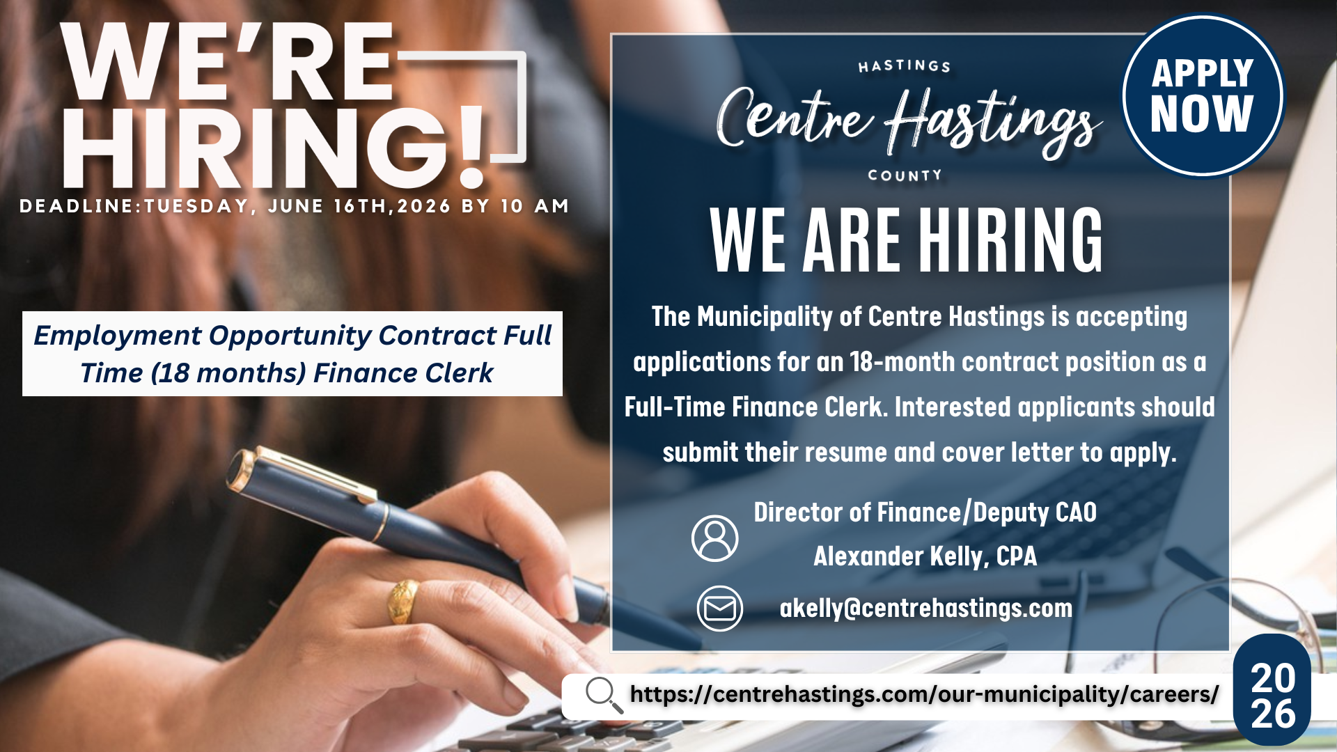 WE ARE HIRING: Employment Opportunity Contract Full Time (18 months) Finance Clerk