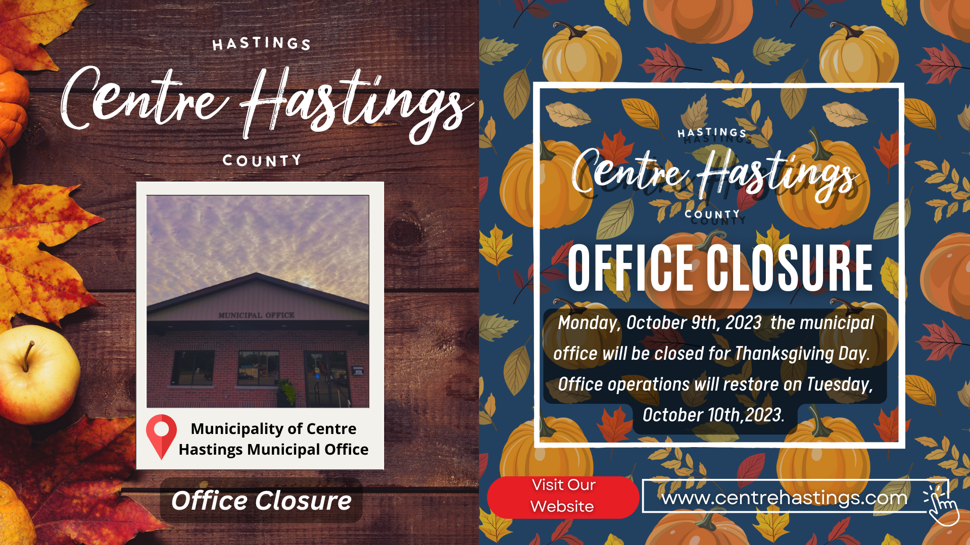 Municipal Office Closure : October 9th,2023