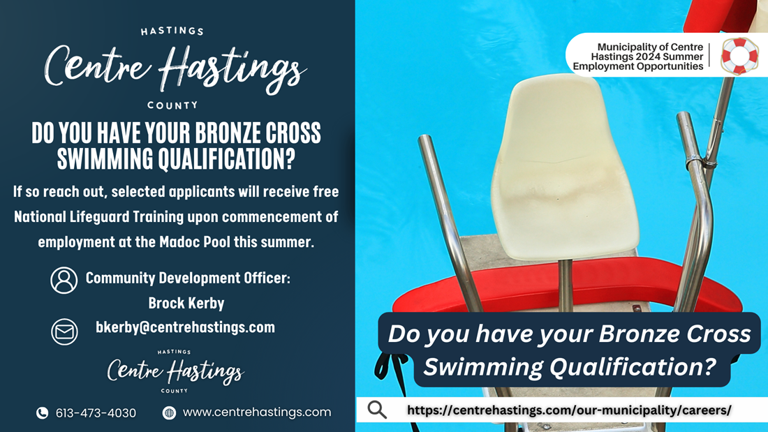 We Are Seeking Lifeguards in Training! Municipality of Centre Hastings